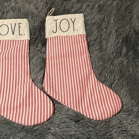 RAE DUNN "PEACE LOVE JOY" RED TICKING STRIPE CHRISTMAS STOCKINGS SET OF 3 - Picture 5 of 12